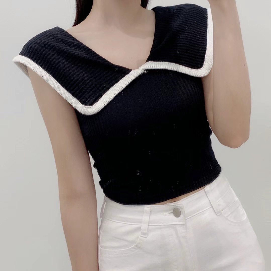 23YR0811 拼色反領top