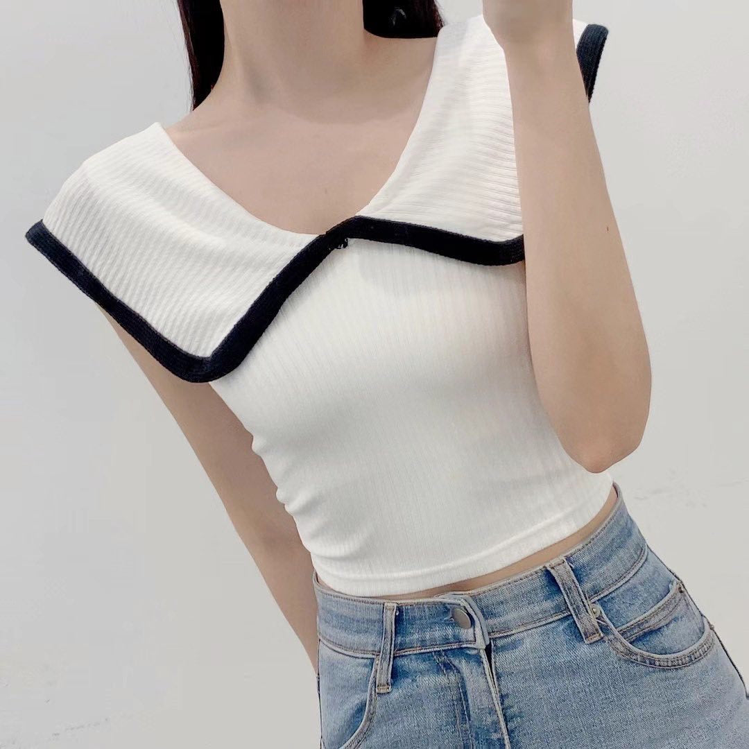 23YR0811 拼色反領top