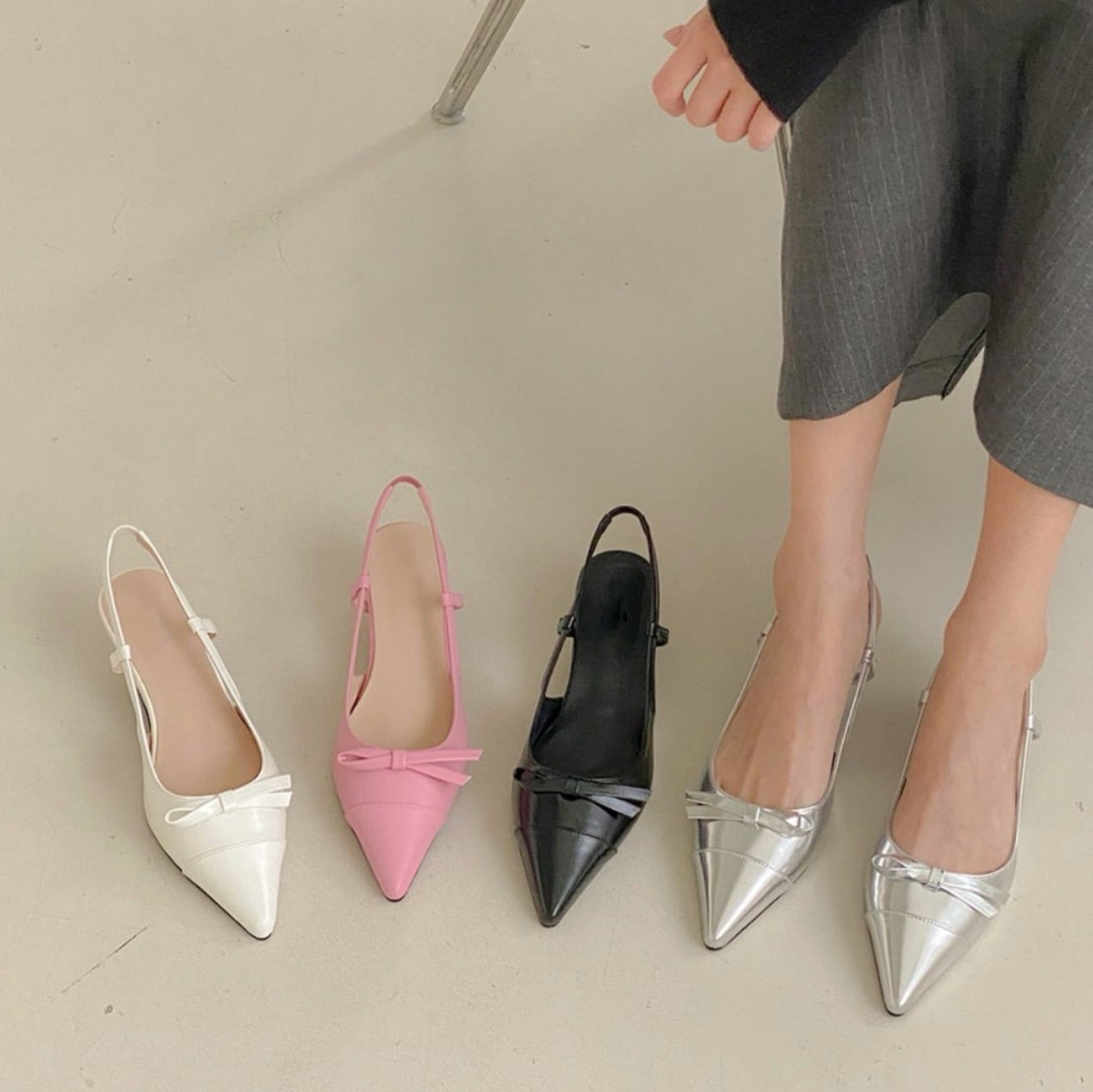 25YR0207 Ribbon Sling Back Shoes 4cm