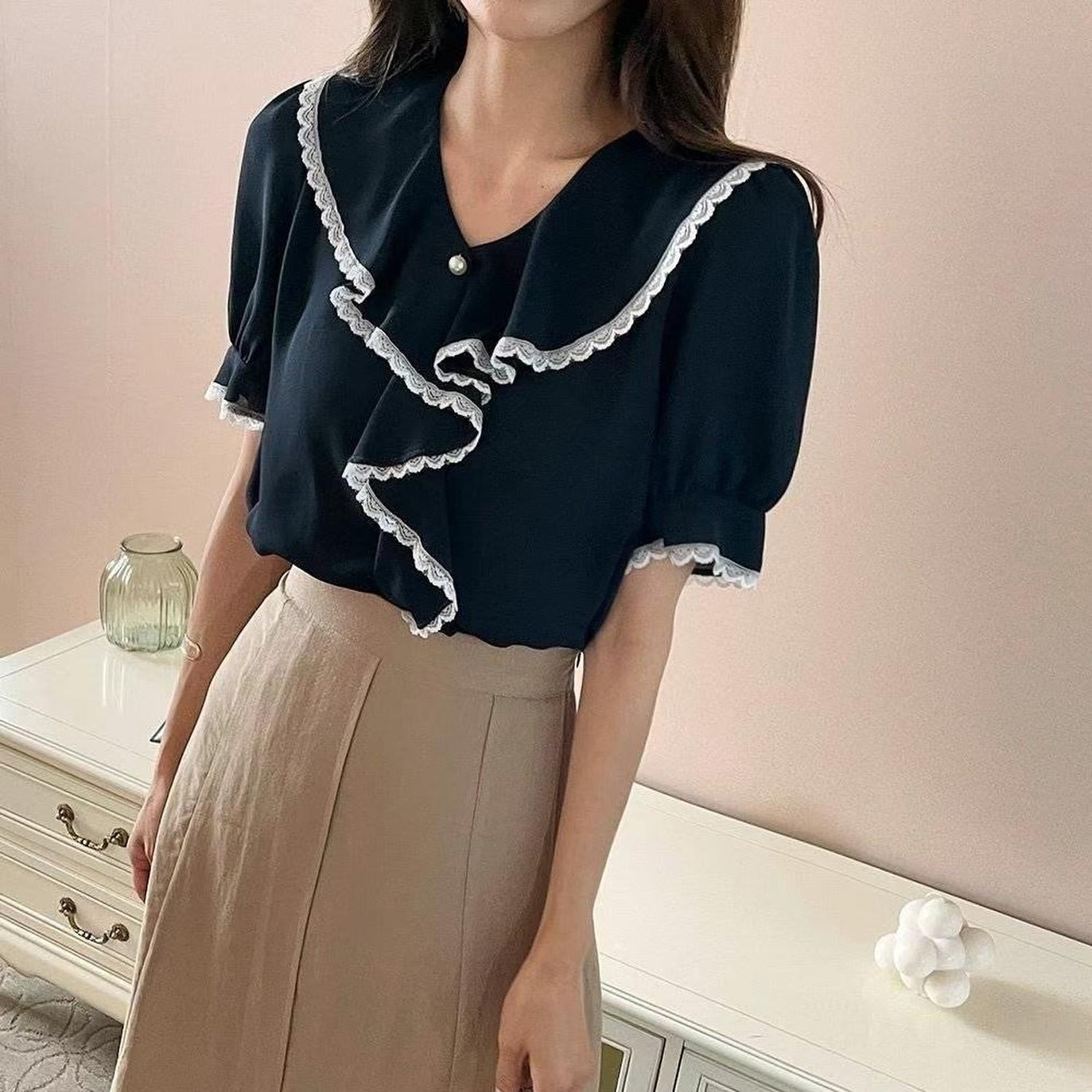 24YR1608 Pearl Ruffle Blouse