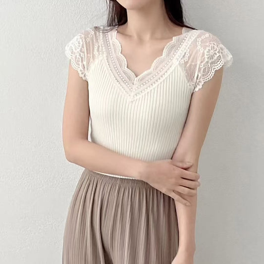 25YR1213 V Neck Lace Top