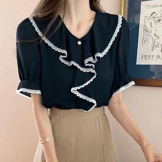 24YR1608 Pearl Ruffle Blouse